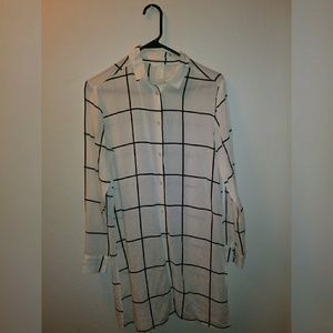 H&M White Black Long Plaid Tunic Shirt